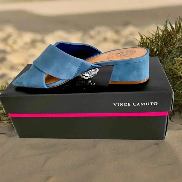 Vince Camuto 7.5 Seedanta Block Heel Nubuck Leather Mule Low Sandal Blue Haze - Picture 2 of 7